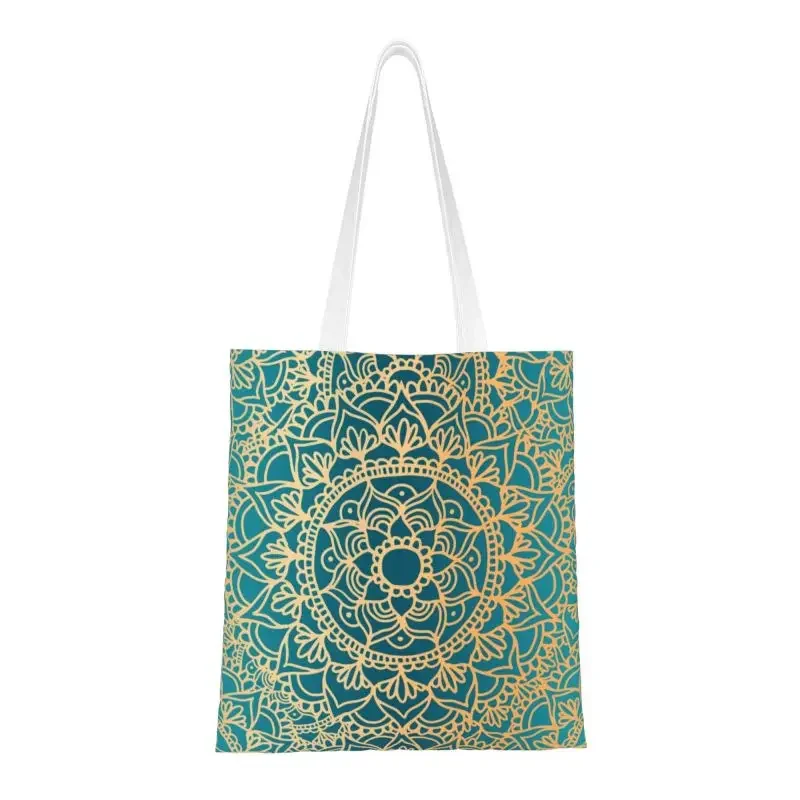 Green And Gold Mandala Pattern Shopping Bag Women Canvas Shoulder Tote Bag Durable Buddha Buddhism Flower Grocery Shopper Bags