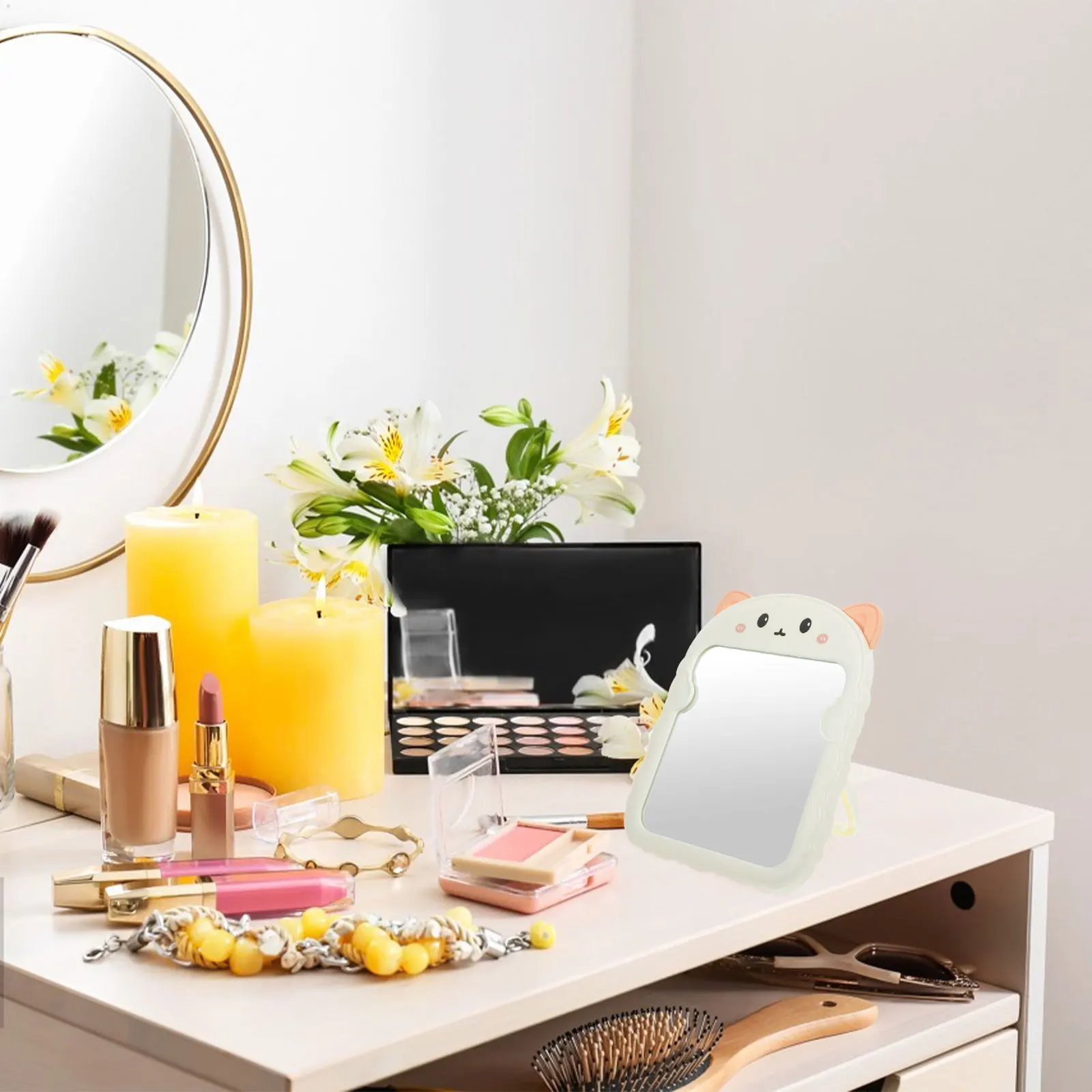 고양이 귀 탁상용 화장 거울 접이식 데스크탑 화장 거울 메이크업 면도 스킨케어용 견고한 재사용 가능한 소재