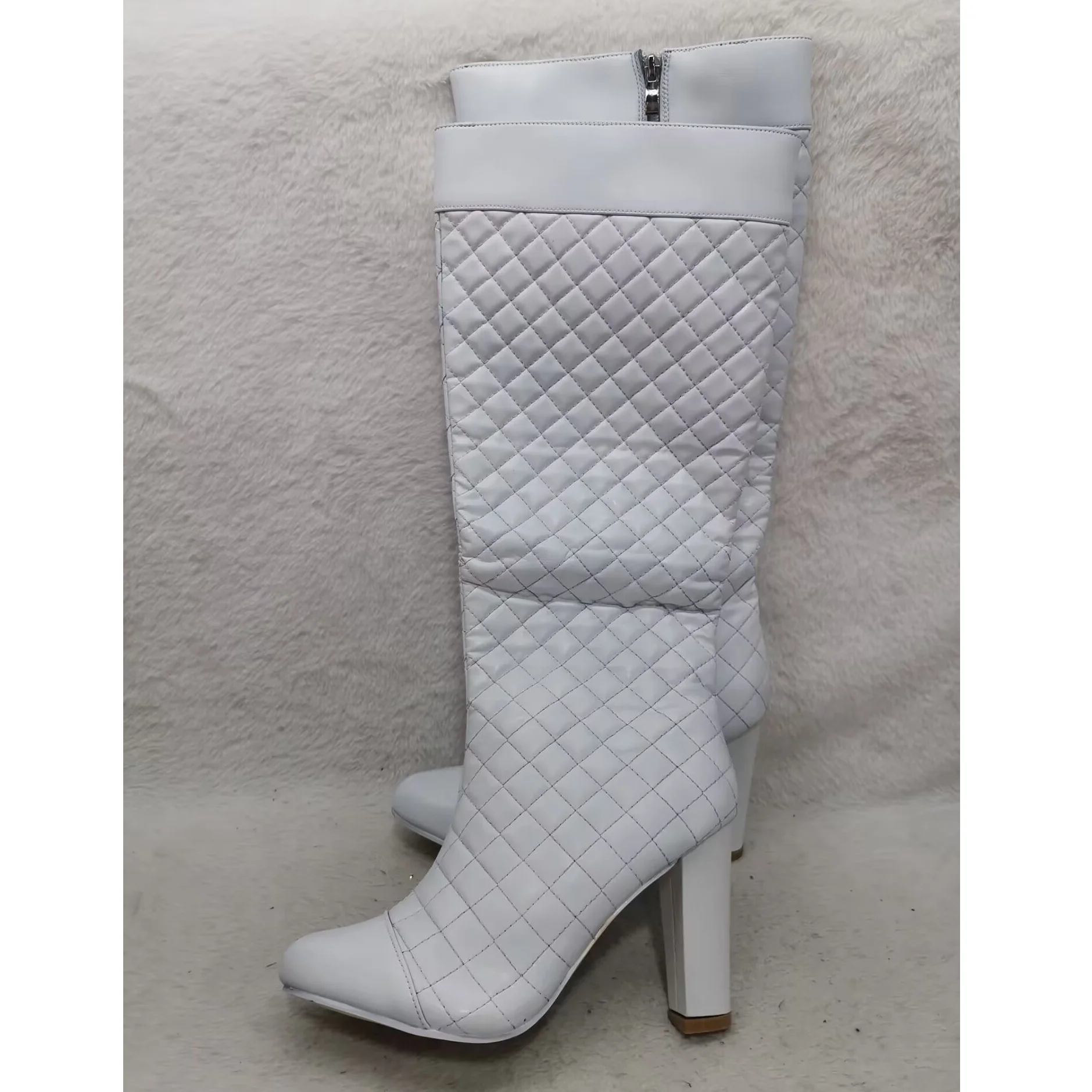 

White Personality Chunky Heels Boots Side Zipper Stiletto British Style Women Dress Party Knee Boots 2025 Zapatos Para Mujere