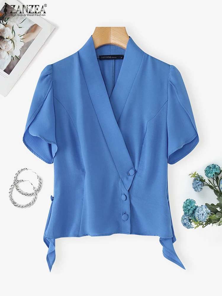 Moda OL Camicie da lavoro Donna Top con volant Breve Puff Seeve Tunica 2025 ZANZEA Moda Asimmetria Bottoni Casual Scollo a V Blusas