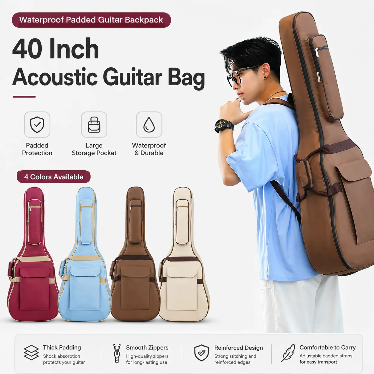 40 Inch Shock Resistant Soft Guitar Storage Backpack Waterproof Instrument Carry Bag With Multi Storage Pockets