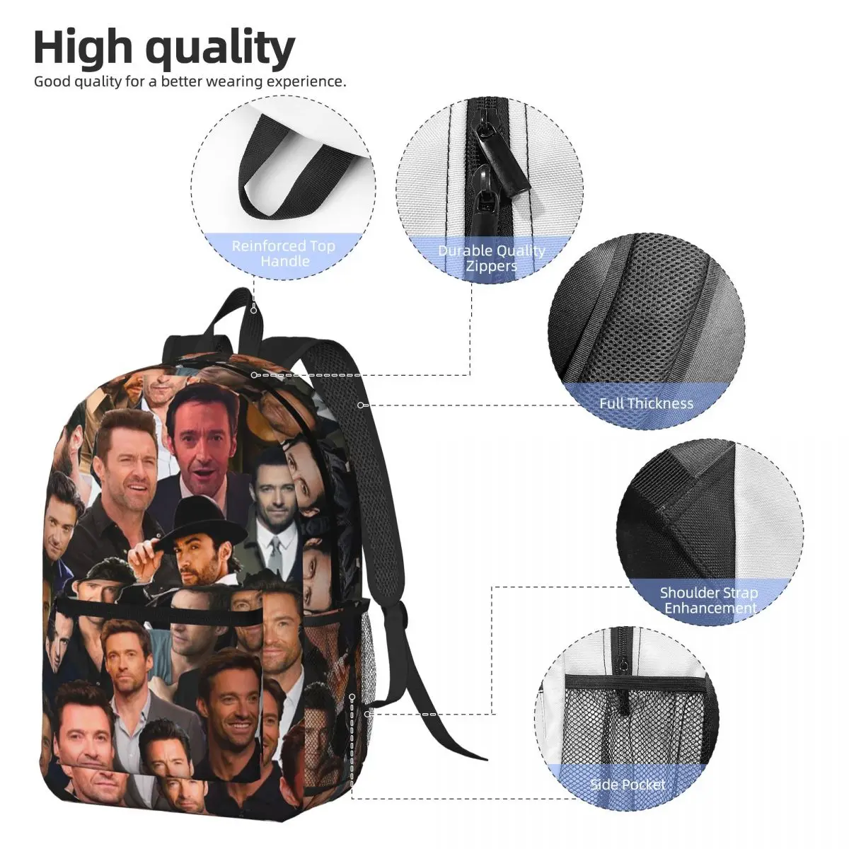 Hugh Jackman Photo Collage Backpack Daypack Large Capacity Children BookBag School Bag Shoulder Bags for Men Women