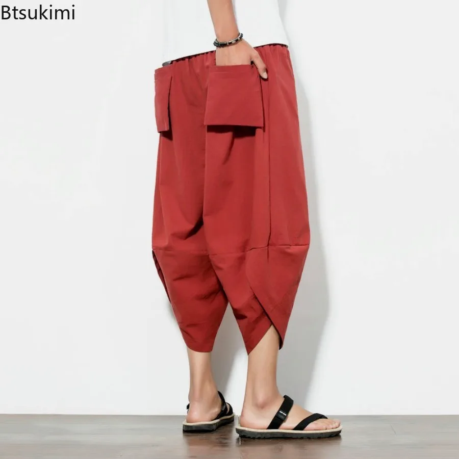 Summer Men's Cotton Linen Harem Pants Casual Hip Hop Streetwear Chinese Style Baggy Bloomers Calf-Length Pants for Men Clothing