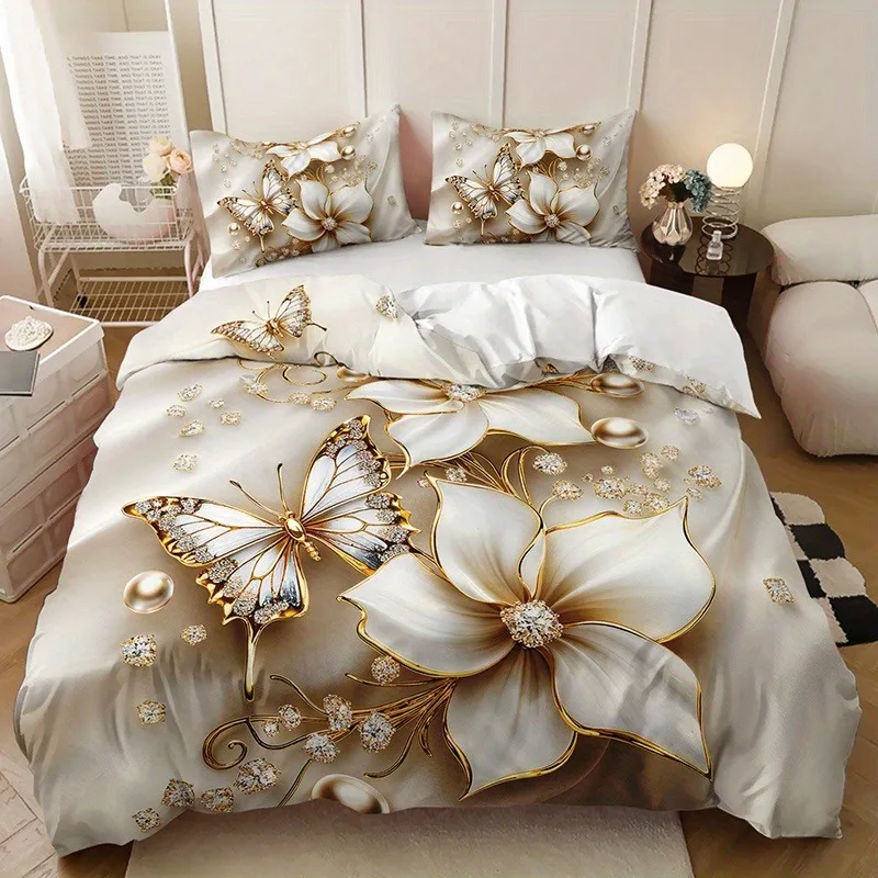 Butterflies, lilies, flowers Bedding Set,  Duvet Cover, Queen with Pillowcase, 3D, Children's