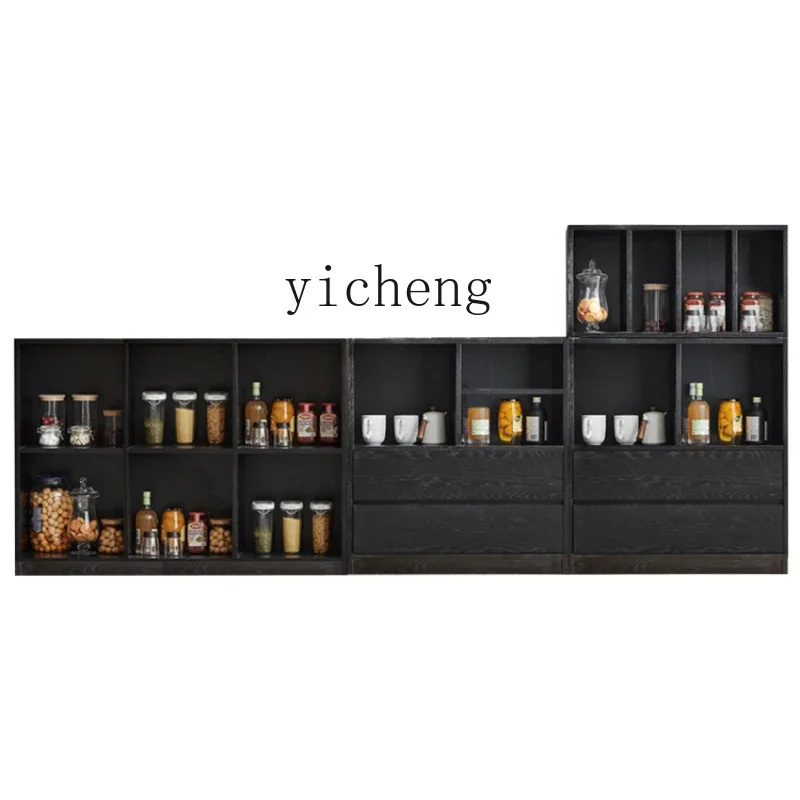 

ZC Solid Wood Floor Cabinet Module Combination Grid Cabinet Oak Black Magazine Cabinet