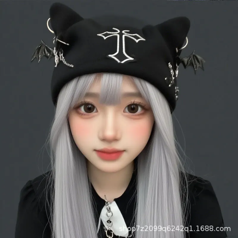 Japanese Subculture Punk Cat Ear Hat, Cross Chain Wool Hat Chain Cool Hat