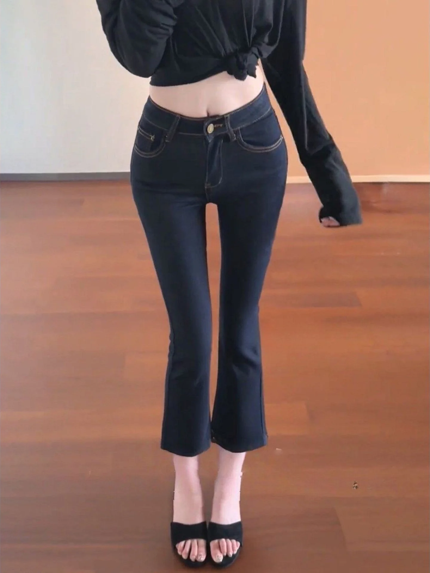 Retro High Waist Bell Bottom Jeans Women Slim Fit Elastic Lift Butt Lengthening Nine Point Pants American Style Pure Color Denim