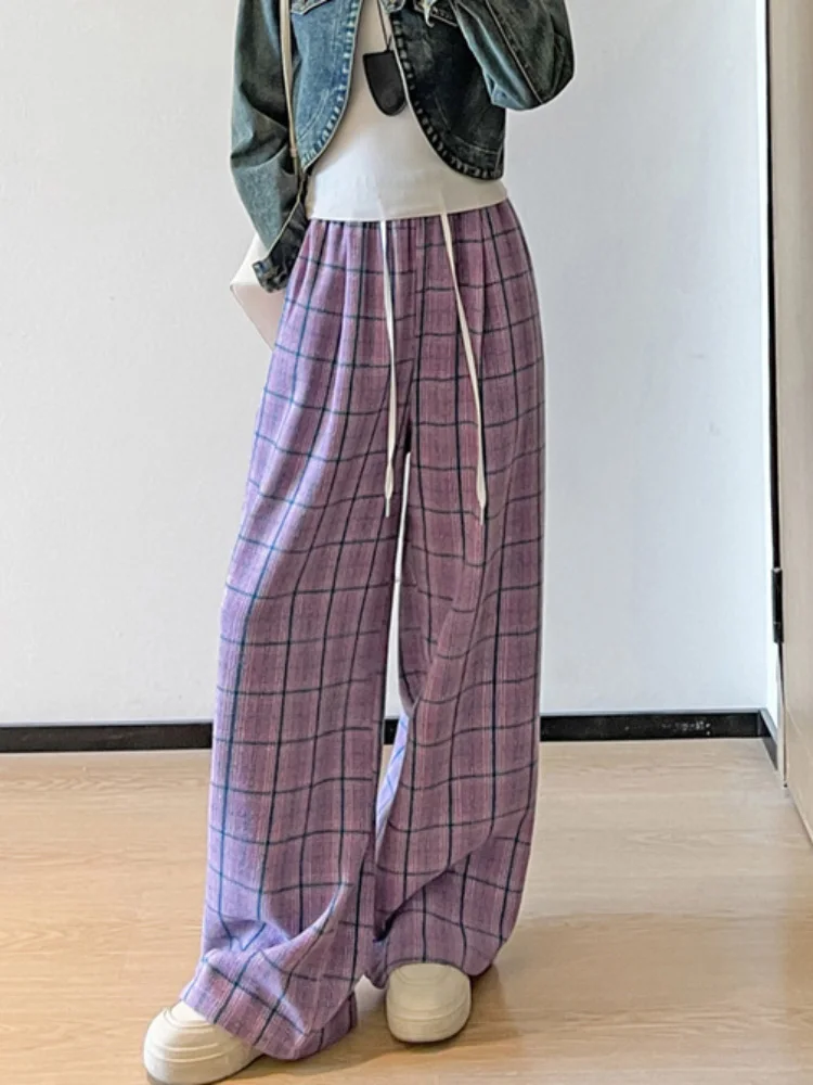 Drawstring Plaid Wide Leg Pants Baggy Straight Women's Casual Pantalones High Waisted Loose Woolen Sweat Trousers Spodnie