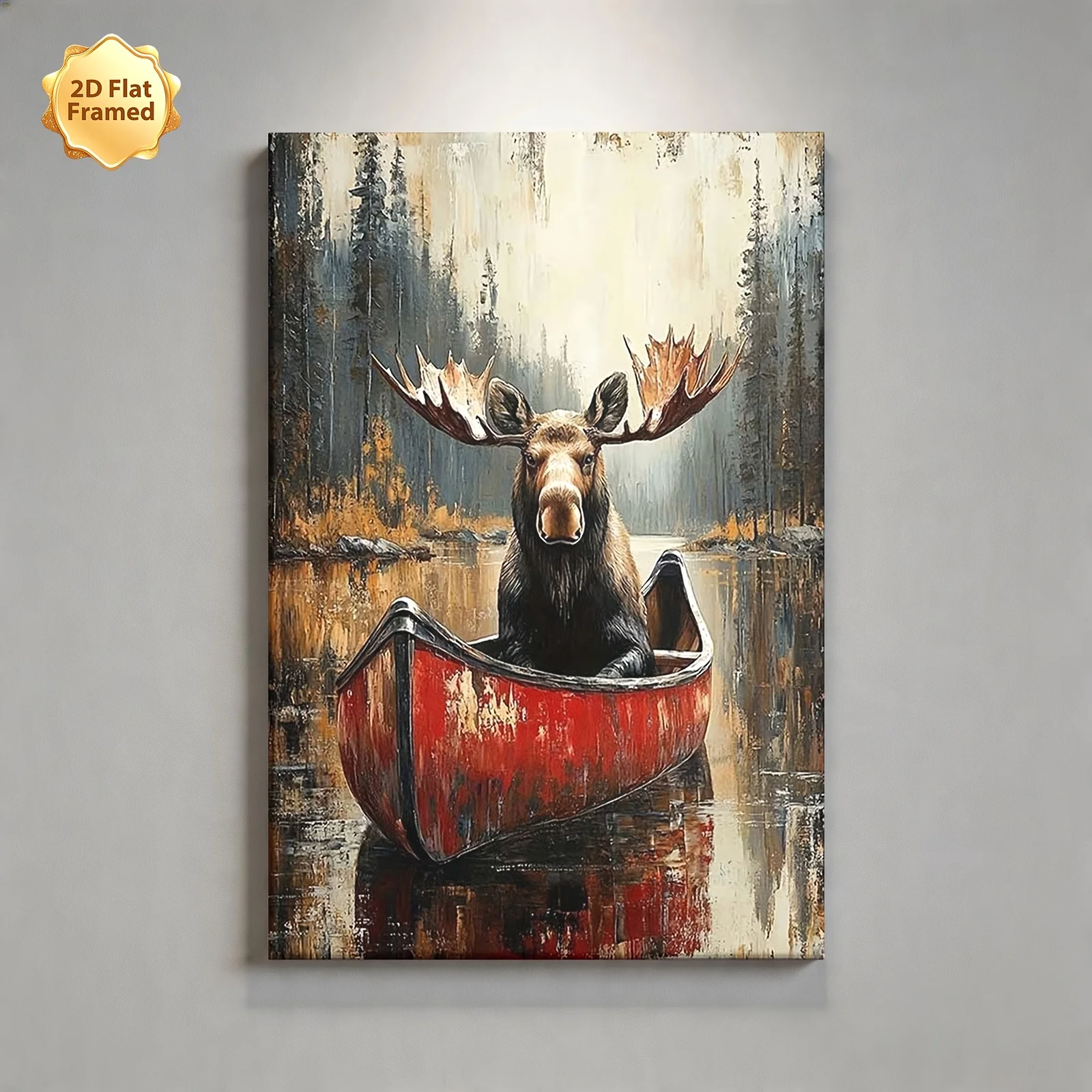 (No frame)2D Flat, 1pc, Framed 2D Flat Canvas Print, Moose in Red Canoe on Lake, Suitable for Living Room, Bedroom, Office, D