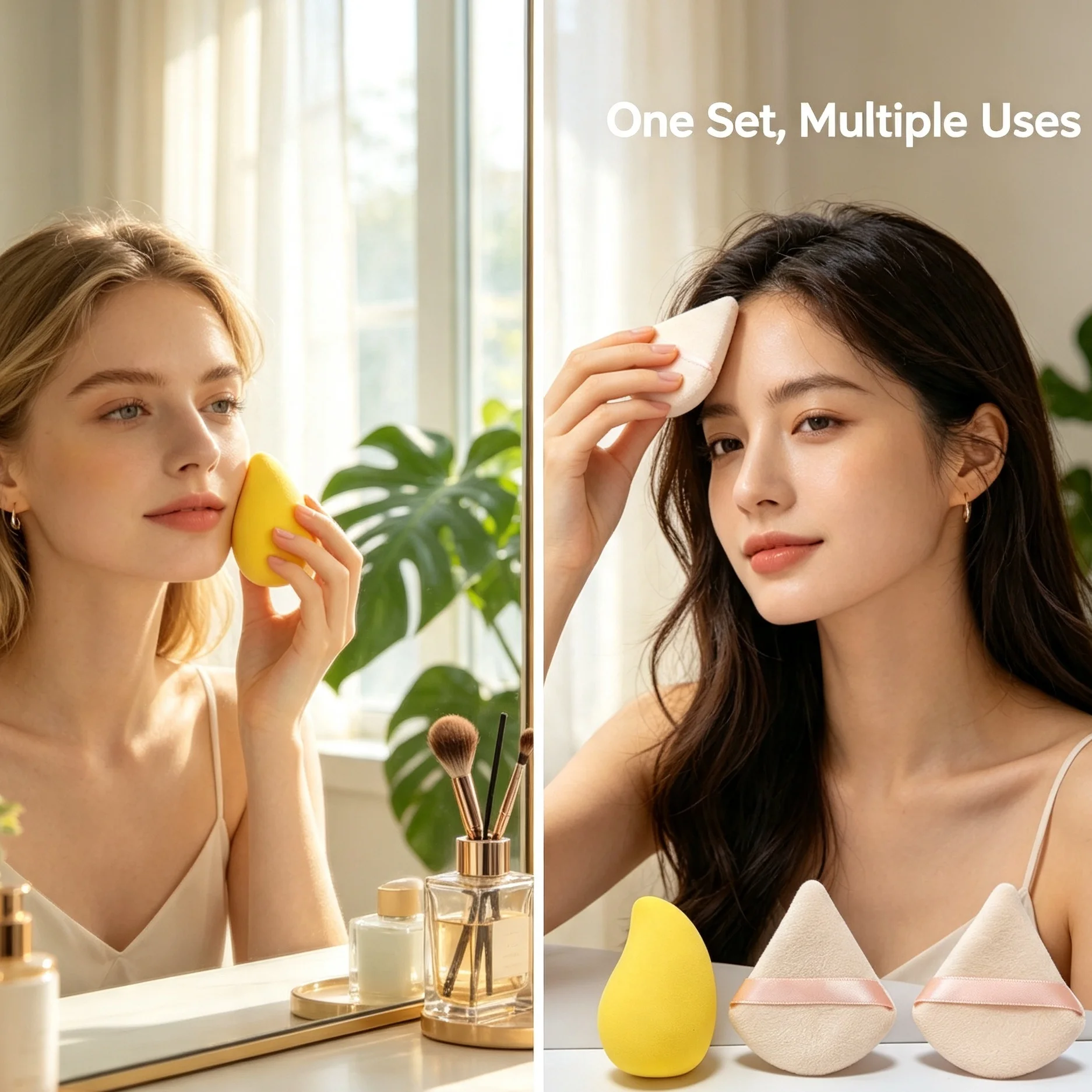 3-piece set of multi-functional beauty powder puffs, suitable for both dry and wet use, non-stick, egg-shaped sponge.