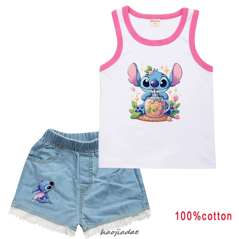 Hot Lilo And Stitch Clothes Toddler Girls Casual Outfits Boys Summer Clothing Kids Cotton T-shirts Vest + Denim Shorts 2pcs Sets