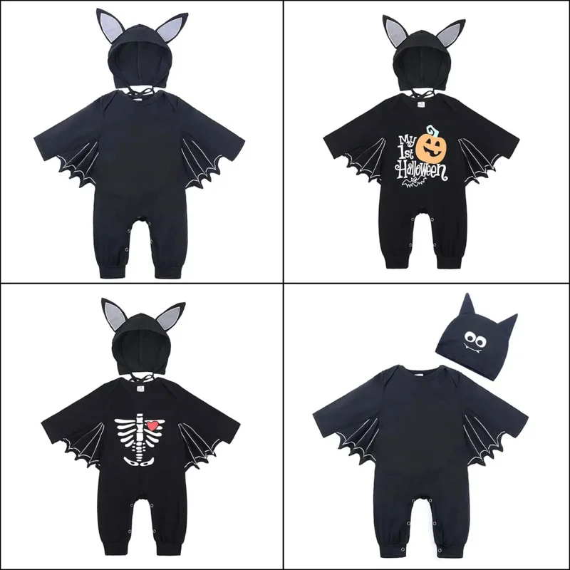 Barboteuse chauve-souris noire pour bébés, premier costume d'Halloween, combinaison pour bébés garçons et filles, fête de Pourim, carnaval, robe de paupières, cosplay longue et courte