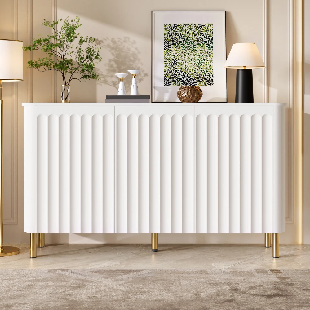 Modernes 3-türiges Sideboard mit gewellten, abgerundeten Ecken und gerillten Säulenreliefs, Buffetschrank mit Metallbeinen, geschwungenes Design, Aufbewahrungsschrank für Wohnzimmer, Esszimmer, Flur,