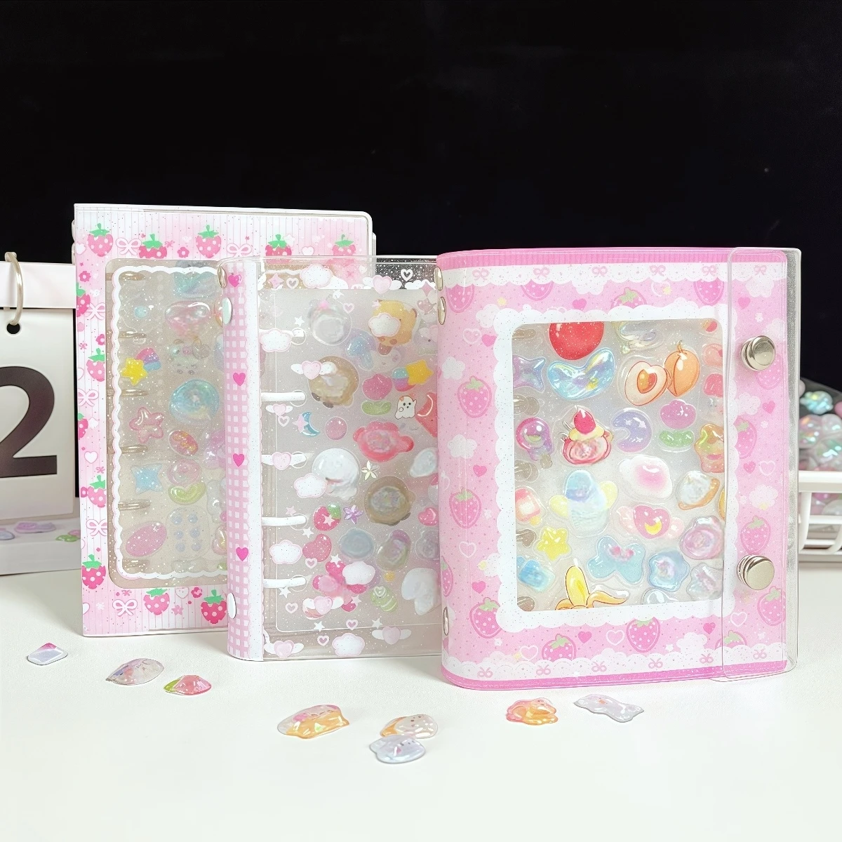 1Pc Cute Pink Strawberry Series Notebook, M5/A7 Heart-Shaped Notebook, Strawberry Glitter Series, 3D Embossed Sticker Book, Laser Sticker Book, Bubble Sticker Storage Book, Refillable Notebook, Pp Material, High Transparency, for DIY Notebooks, Sticker Books, Sticker Storage, Notebooks, Scrapbooks, School Supplies, Office Supplies, Etc
