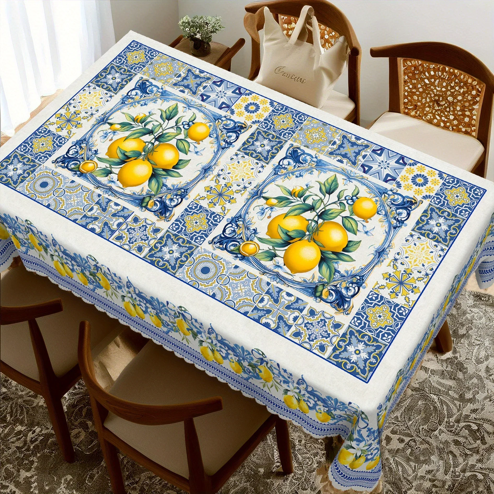 French vintage-style tablecloth, with a mosaic of lemon and floral patterns on the tiles, featuring a fresh and natural desigyzb