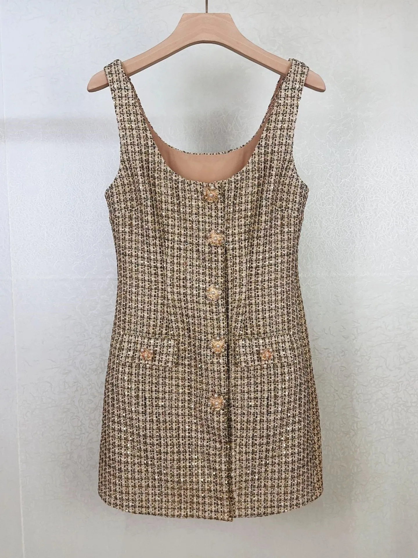 Pailletten Dekoration Frauen Tank Kleid einreihig O-Ausschnitt ärmellose A-Linie hohe Taille Vintage Herbst 2024 Mini Robe