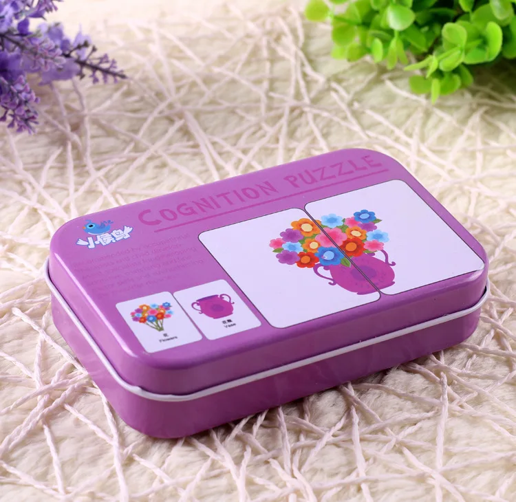 جديد الاطفال الإدراك الألغاز لعب طفل صندوق حديد بطاقات مطابقة لعبة البطاقات المعرفية مركبة الفاكهة الحيوان الحياة مجموعات زوج لغز