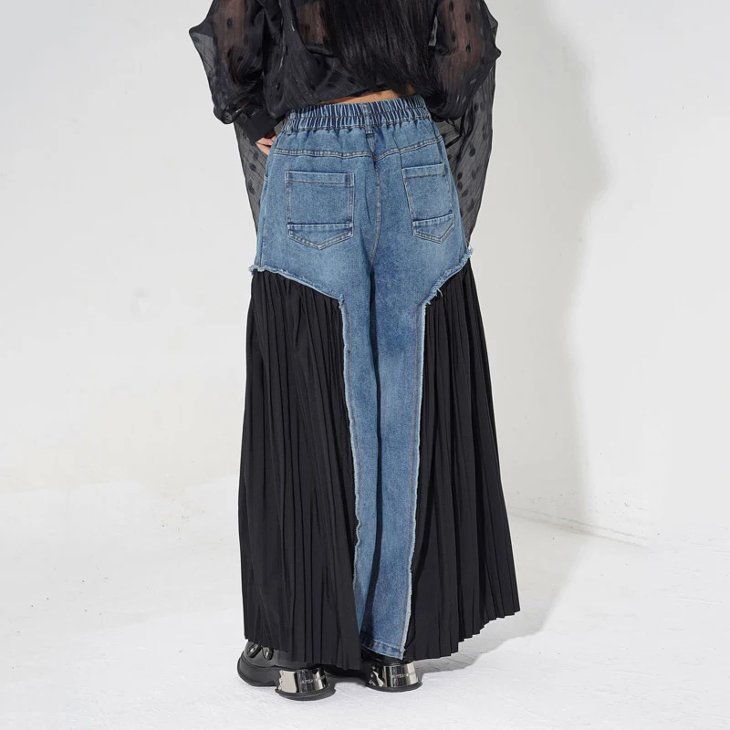 HKSH Women Wide Leg Jeasn Denim Patchwork Pleated Contrast Color Versatile Elegant Retro Casual Y2K Cropped Pants Summer HK22985