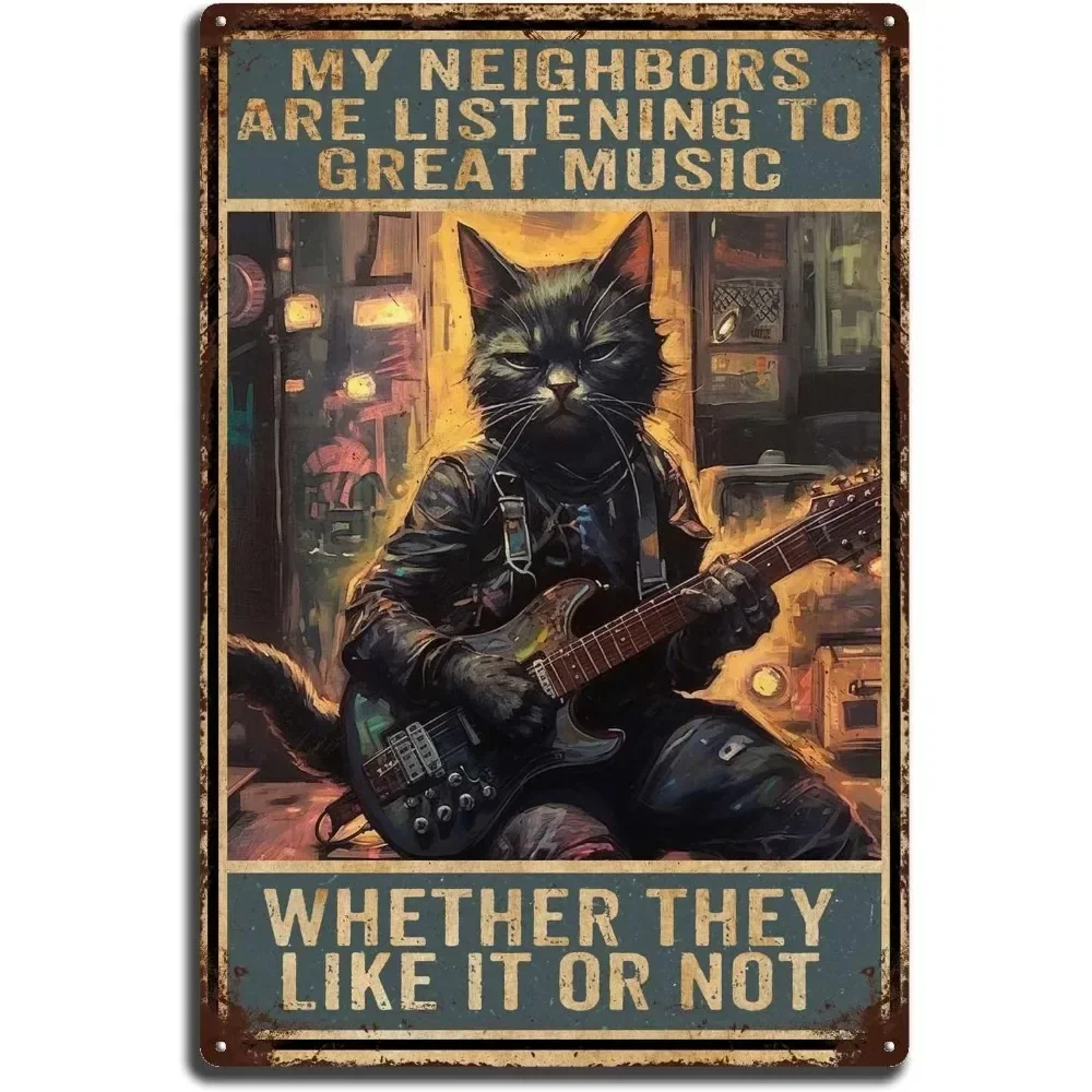 Vintage Funny Cat Guitar Metal Sign - Rock Music Wall Decor for Farm Garden Garage - 