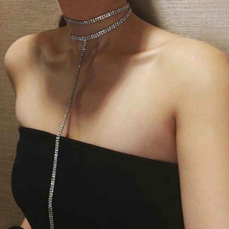 New Light Luxury High-Grade Sexy Single and Row Rhinestone Clavicle Chain Double-Layer T-Shaped Necklace Neckl