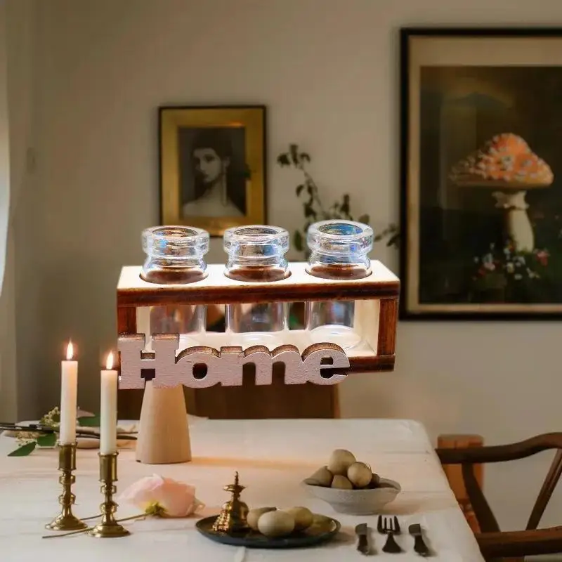 Compact Glass Bouquet Vase Miniature 1:12 Scale Dollhouse DIY Wood Hydroponic Flower Stand, Home & Garden Decoration Playset