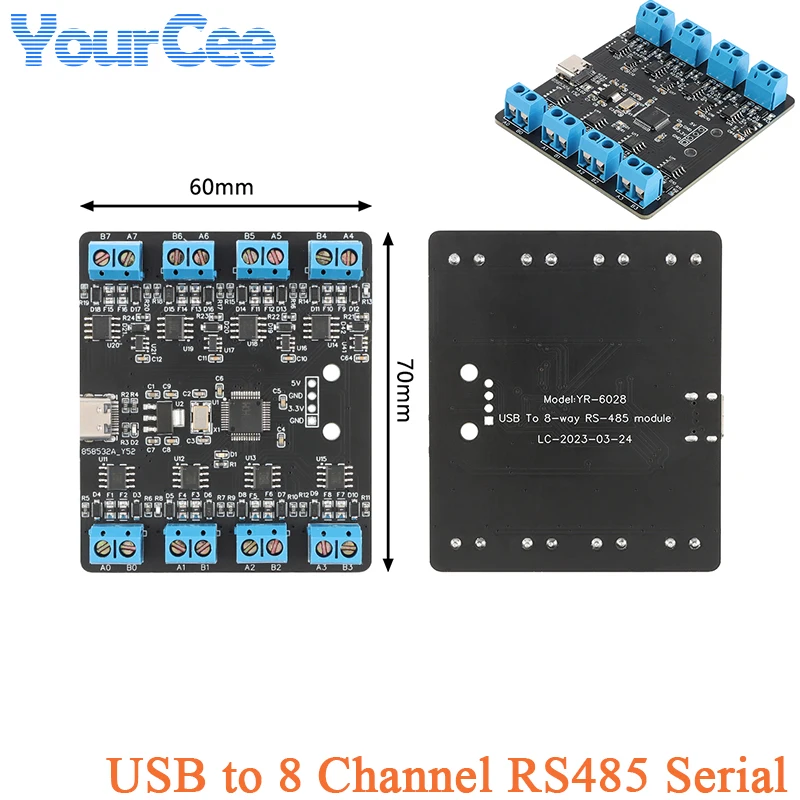 USB to 8 Channel Way RS485 Serial Port Board Type-C to Multi-channel Uart Hub RS485 Module YR-6028