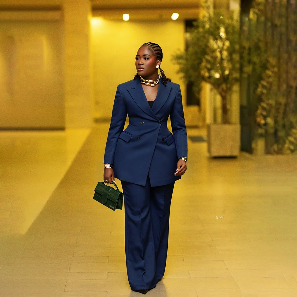 

Винтажные шикарные синие женские костюмы с длинным рукавом и v-образным вырезом, умный повседневный пиджак из 2 предметов, брюки, модные летние комплекты 2023 г.