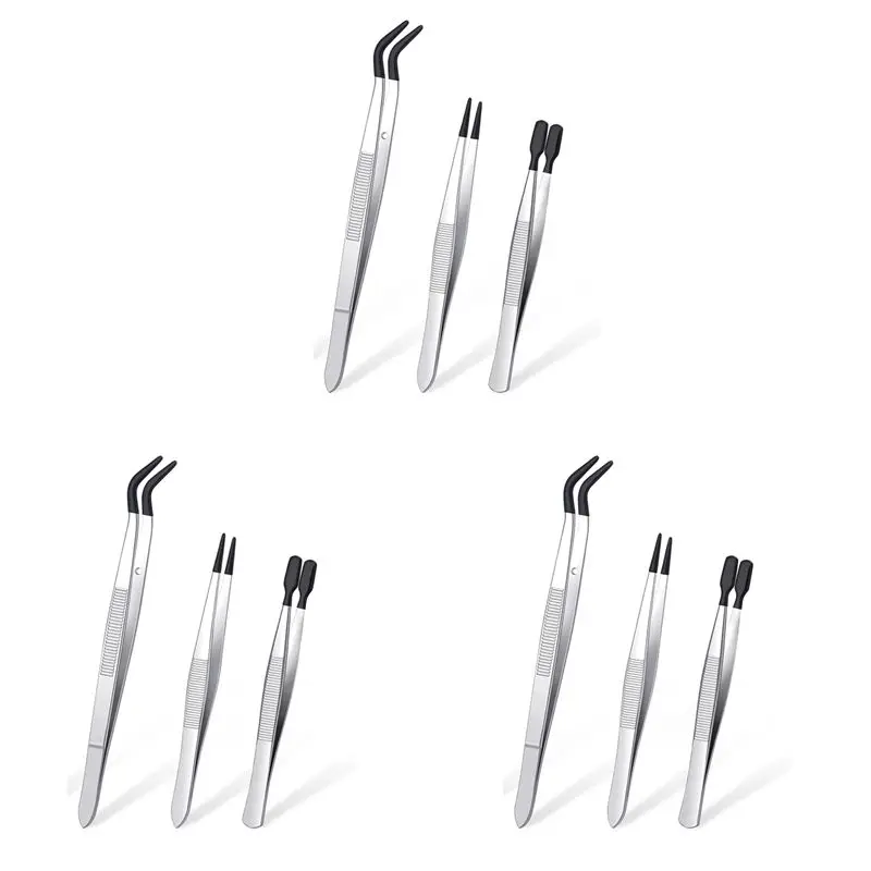 ABSS-9 Pieces Tweezers With Rubber Tips Tweezers PVC Coated Tweezers Set, Rubber Straight And Flat Tip Tweezers Black