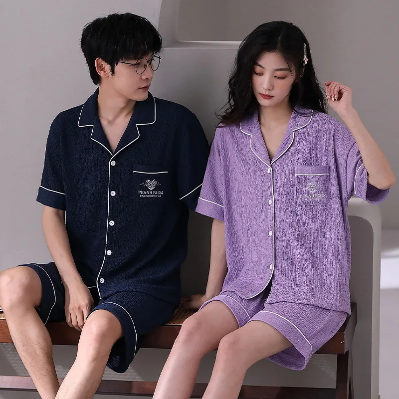 Summer Couples Cotton Pajamas Sets Women Men Short Sleeve Shorts Pyjamas Sleepwear Cartoon Home Clothing Korean Lovers Homewear