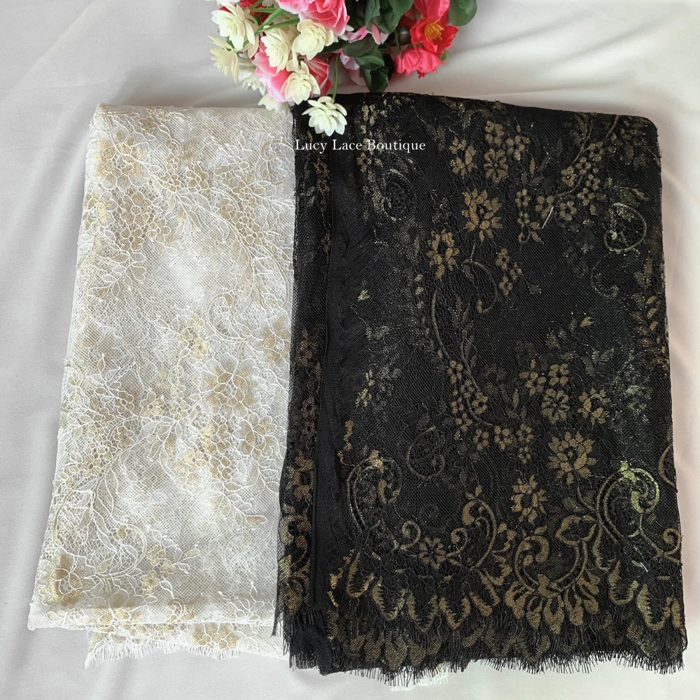 Width(Height) 1.5M, Length 3M per Piece Gold Eyelash French Lace Fabric Design Fabric Good Quality