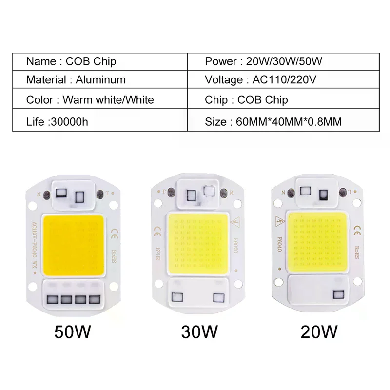 LED Chip 20W 30W 50W AC110 220V Smart COB Lamp Beads LED Lamp Without Driver DIY Lampada Outdoor Chip Light Floodlight Spotlight