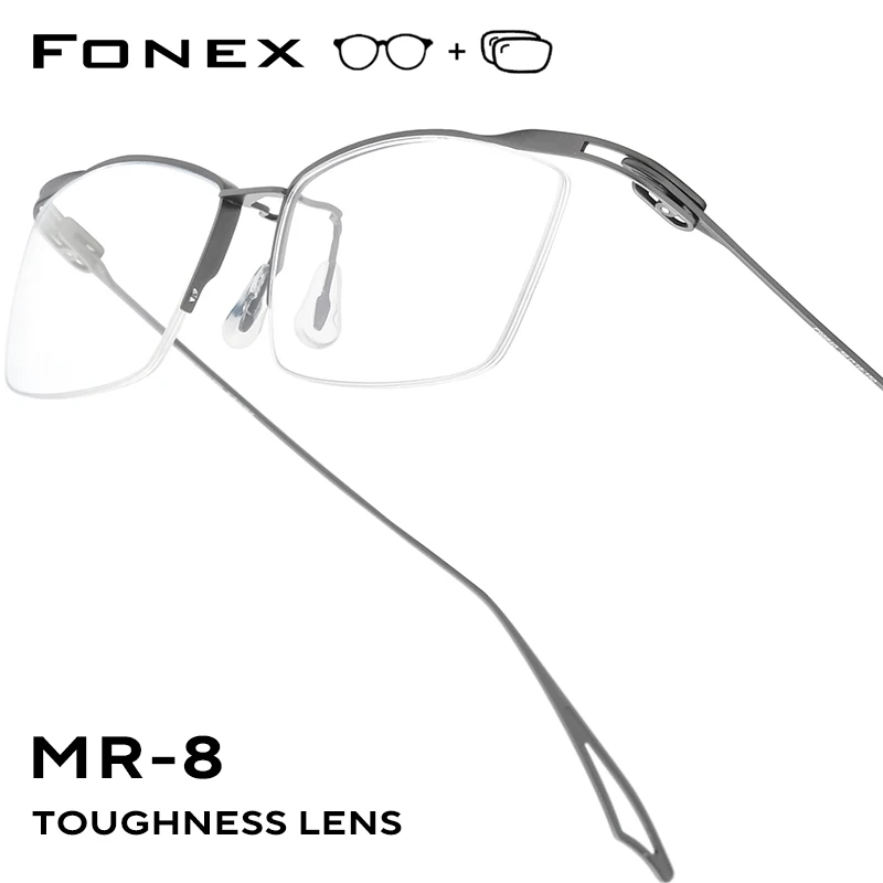 

FONEX Progressive Prescription Glasses Myopia Optical Lens Half Eyewear Men Square Eyeglasses Semi-Rimless Titanium Frame 98640