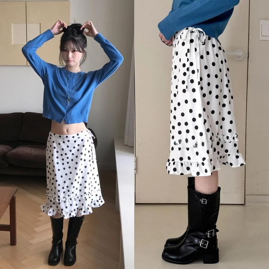 Elegant Polka Dot Bow Tie Skirt Versatile High Waist Midi Skirt For Short Women Commute Style Casual Scene Chinese Origin