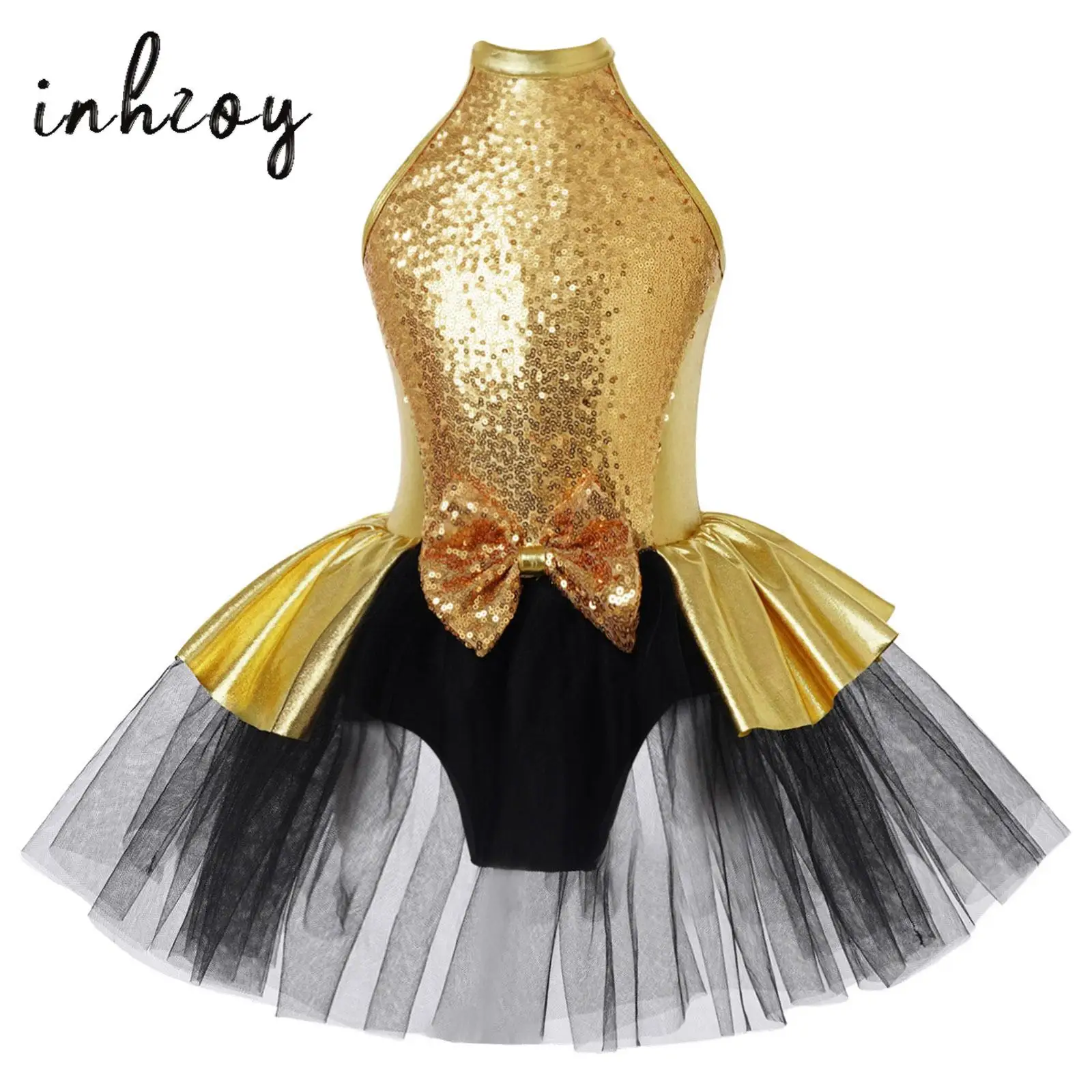 

Kids Girls Sparkly Sequins Ballet Dance Tutu Dress Halter Sleeveless Ballerina Costume Bowknot Leotard Figure Skating Dancewear