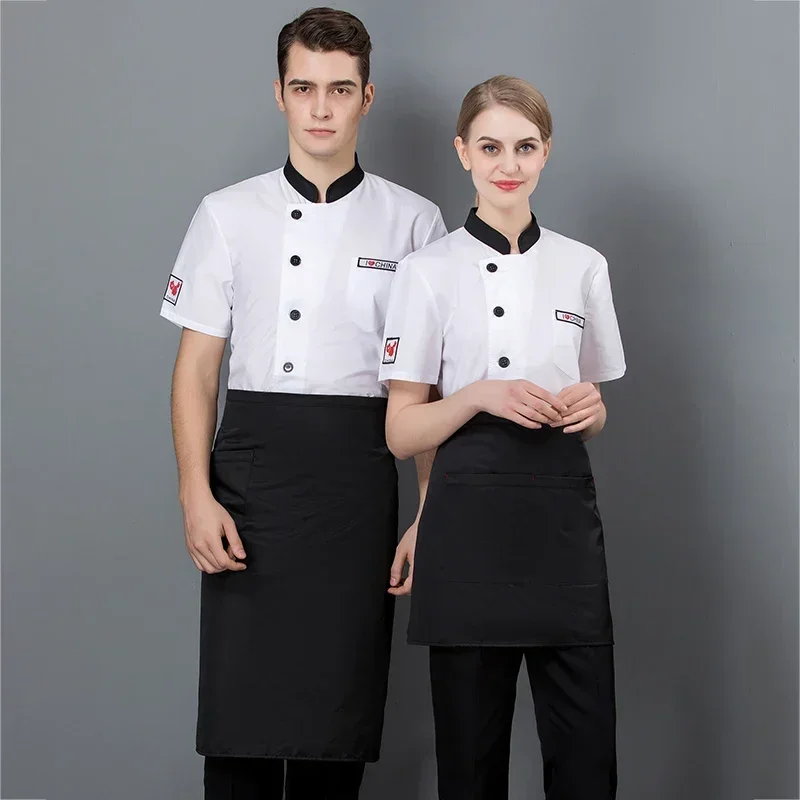 Verão feminino e masculino cozinha restaurante cozinheiro workwear uniforme de chef vermelho camisa branca jaqueta de chef