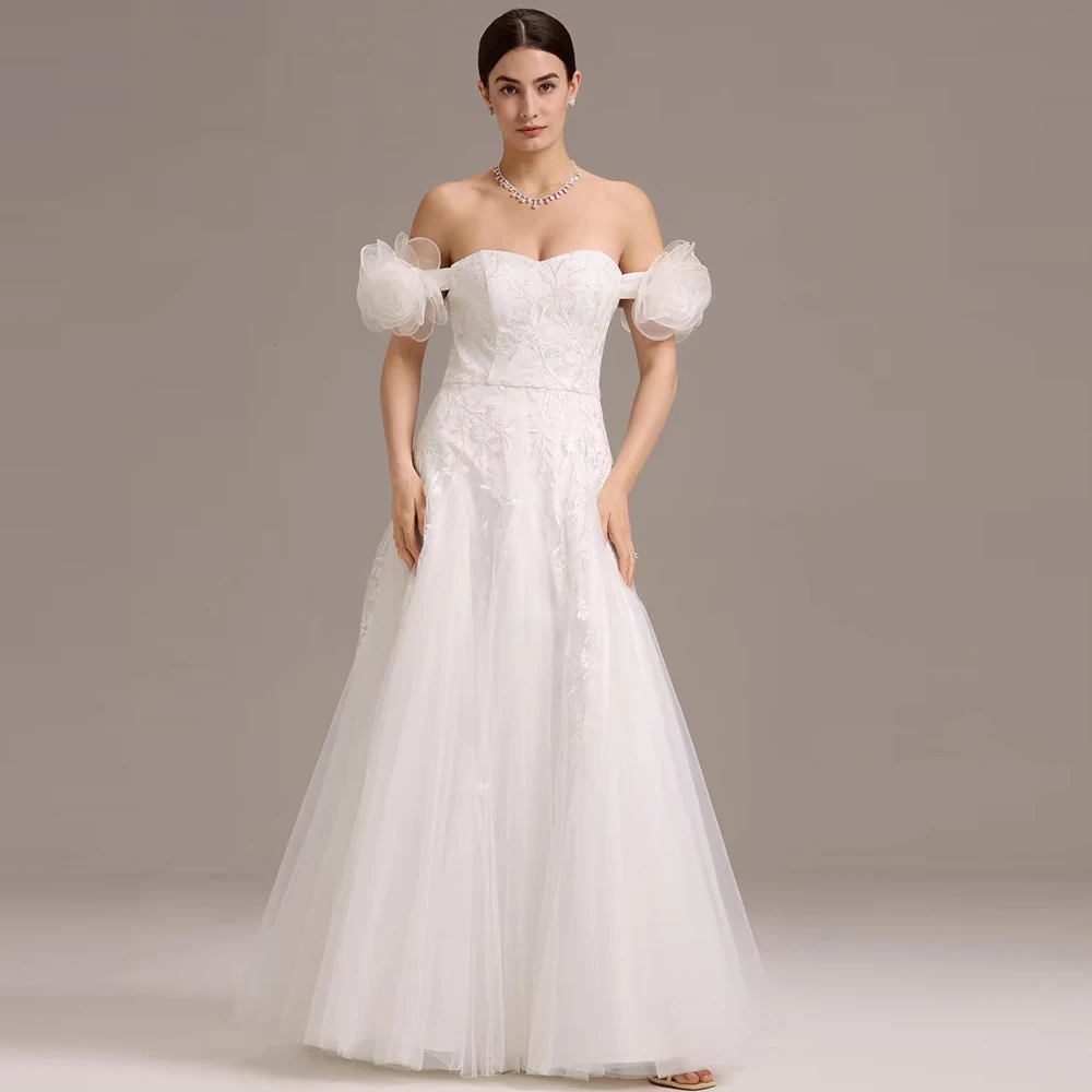 

BAZIIINGAAA Strapless Short Sleeves Applique A Line Floor-Length Wedding Dress