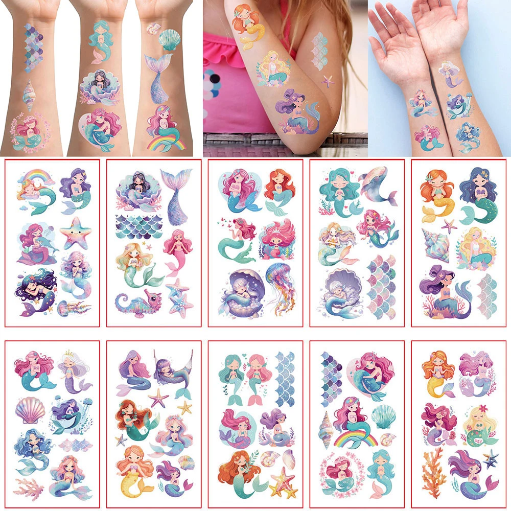 10 Sheets Mermaid Tattoo Stickers Waterproof Cartoon Temporary Tattoos For Women Men Shells Jellyfish Fake Hand Tattoo Body Art