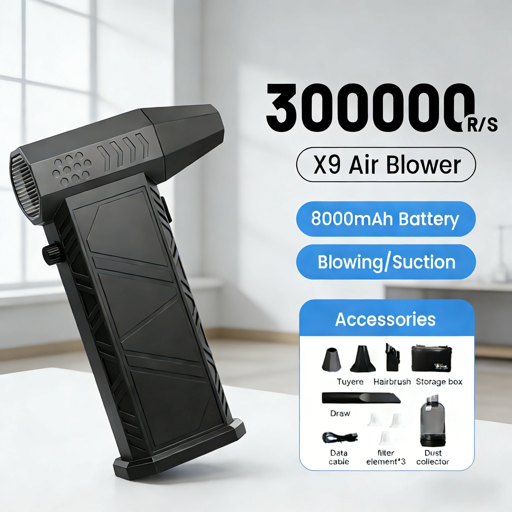 

Турбовоздуходувка X9 300000 об/мин, бесщеточная, высокомощная, для глубокой очистки в различных условиях: ПК, клавиатуры, дома, автомобиля, офиса