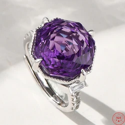 S925 Sterling Silver Rings for Women New Fashion Inlaid Cutting Surface Natural amethyst Zircon Jewelry