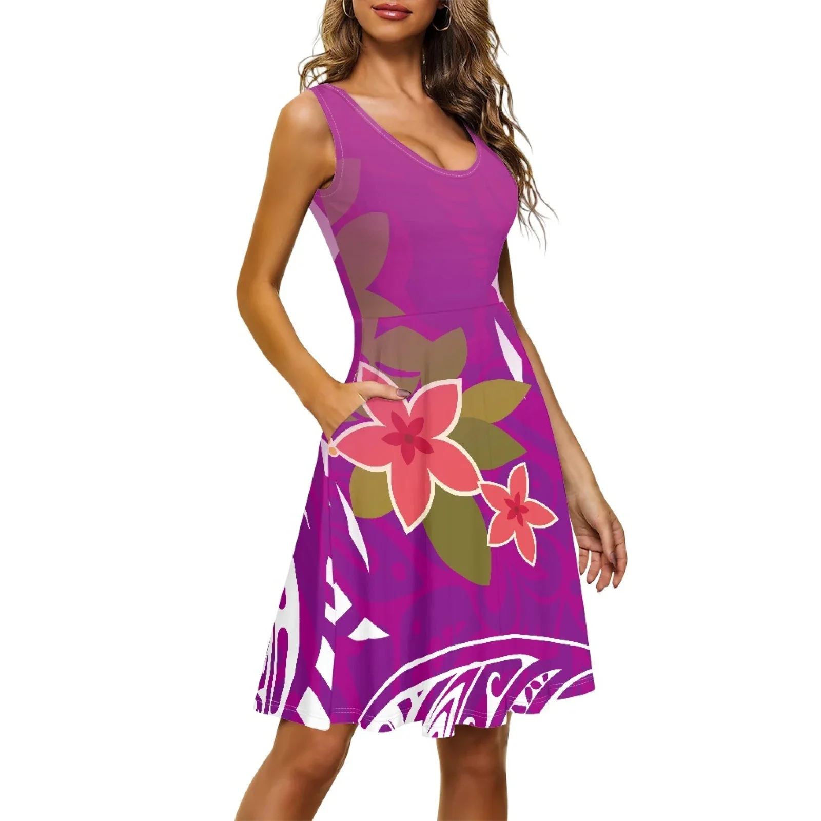 Polynesian Tribal Tongan Totem Tattoo Tonga Prints Lady Sexy Slim-Fit Knee-Length Hibiscus Sling Dress Beach Party Evening Dress