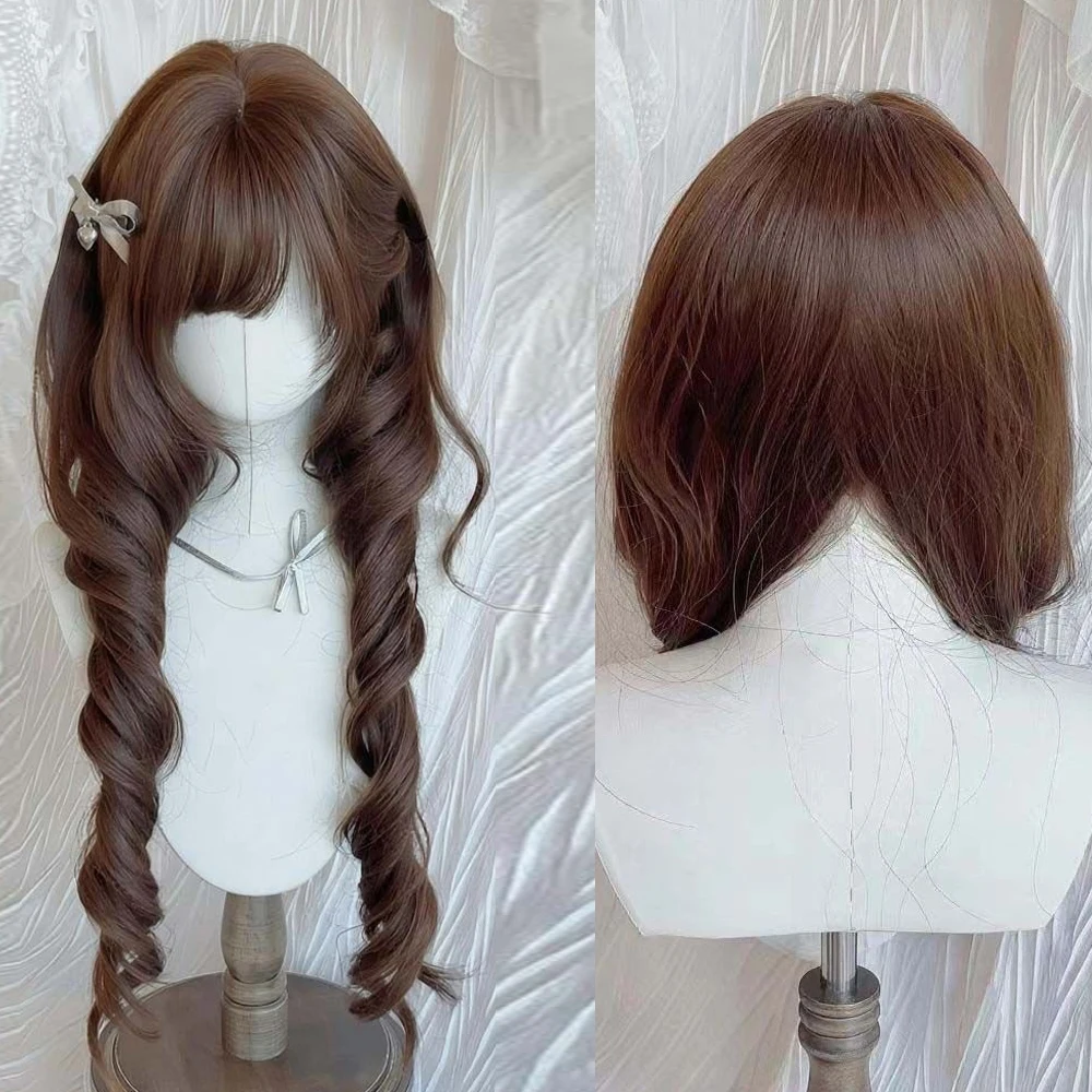 

Синтетические длинные волнистые коричневые парики с челкой, пушистые женские пушистые парики Лолиты для косплея, термостойкие для повседневной вечеринки