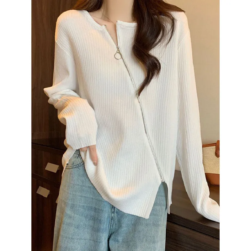 

2024 New Zipper Long Sleeved T-Shirt Women's Autumn And Winter New Design Sense Irregular Base Shirt Large Loose Top