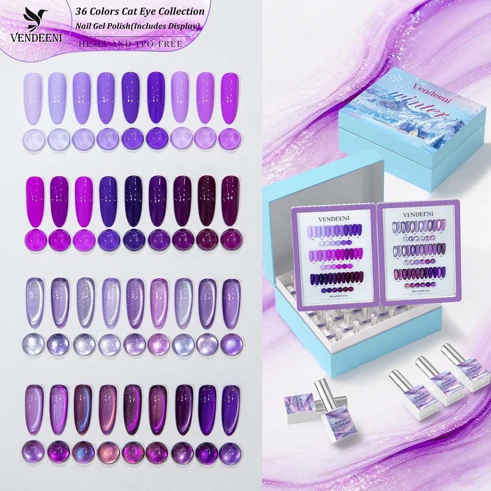

Набор гель-лаков Vendeeni 36 цветов: фиолетовый гель-лак «Кошачий глаз» с эффектом магнитного сияния, УФ-отверждаемый, снимаемый, с эффектом драгоценных камней, в дисплее