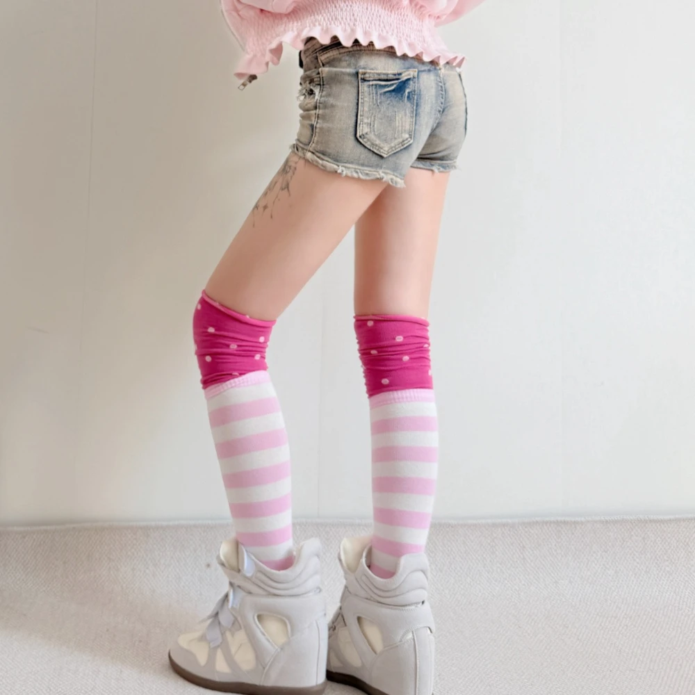 Subculture Y2K Striped Spliced Polka Dot Color Block Over The Knee Socks Japanese Punk Ins Hot Girl Long Socks Party Accessory