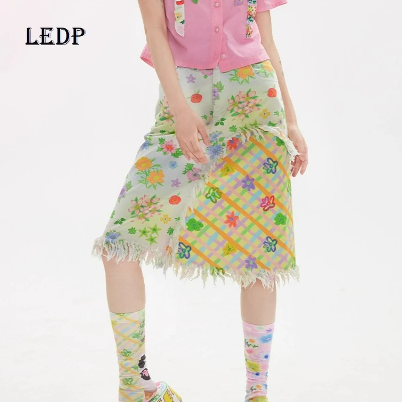 

Japanese Design Splicing Flower Fringed Women's Skirt 2025 Autumn New Floral Plaid Colorful High-waisted A-line Skirts Ladies