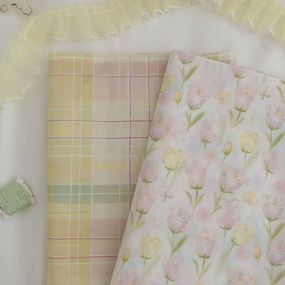 

145x50cm Vintage Plaid 40S Pure Cotton Printed Yellow Tulip Fabric for Handmade DIY Hair Accessories Garment Bags Sewing Cloth