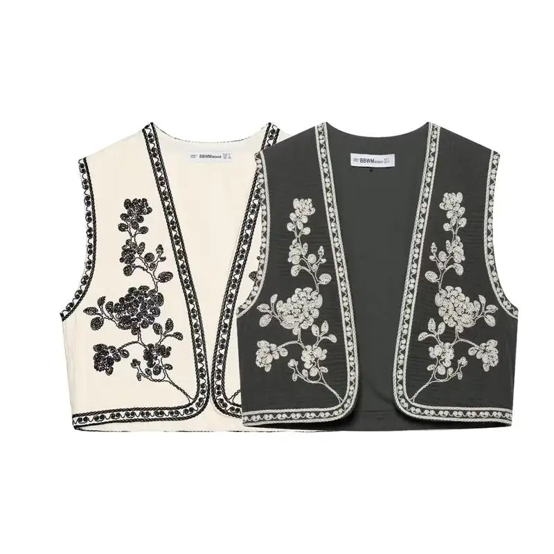 

Женский жилет с вышивкой, топ на пуговицах, тюре, весенне-осенняя модная верхняя одежда, длина, растительный цветочный узор