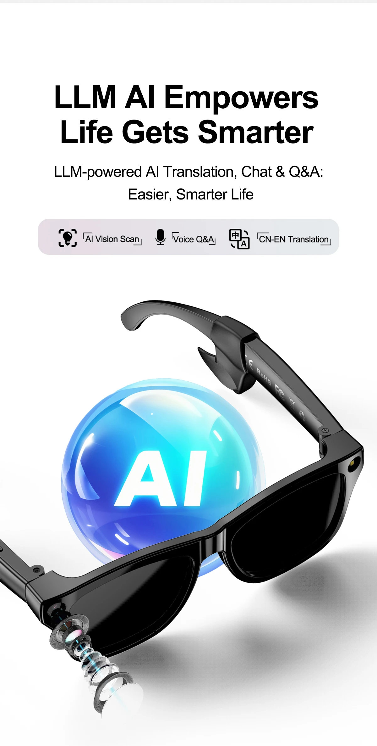8MP HD Camera AI Smart Glasses Voice Touch Control Color Changing Transparent Translation Eyewear