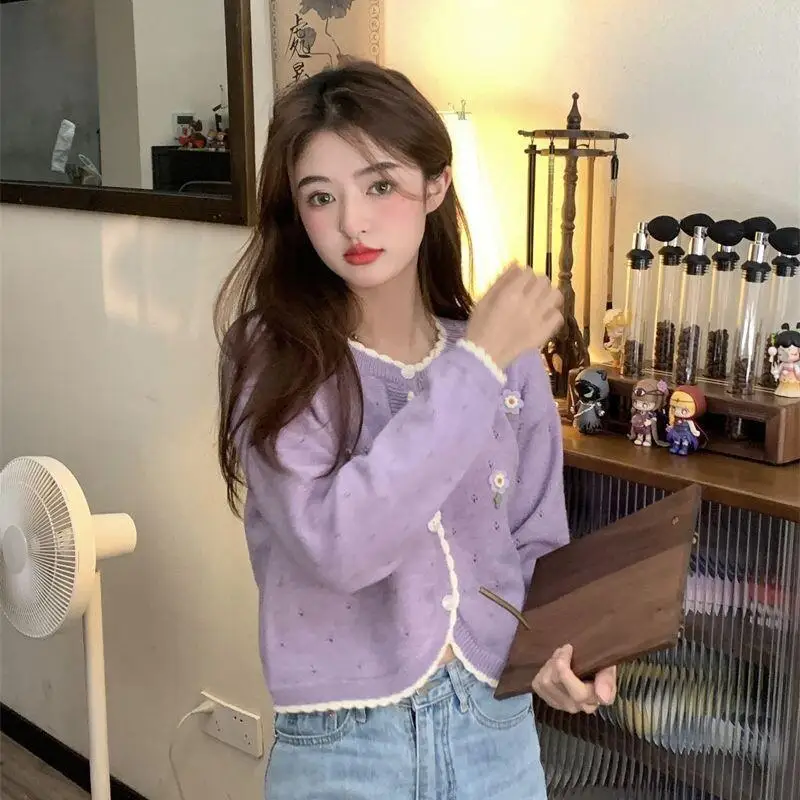 2025 جديد الحلو ثلاثي الأبعاد هوك زهرة الجوف سترة سترة سترة المرأة الربيع فضفاضة قصيرة محبوك الأرز #5