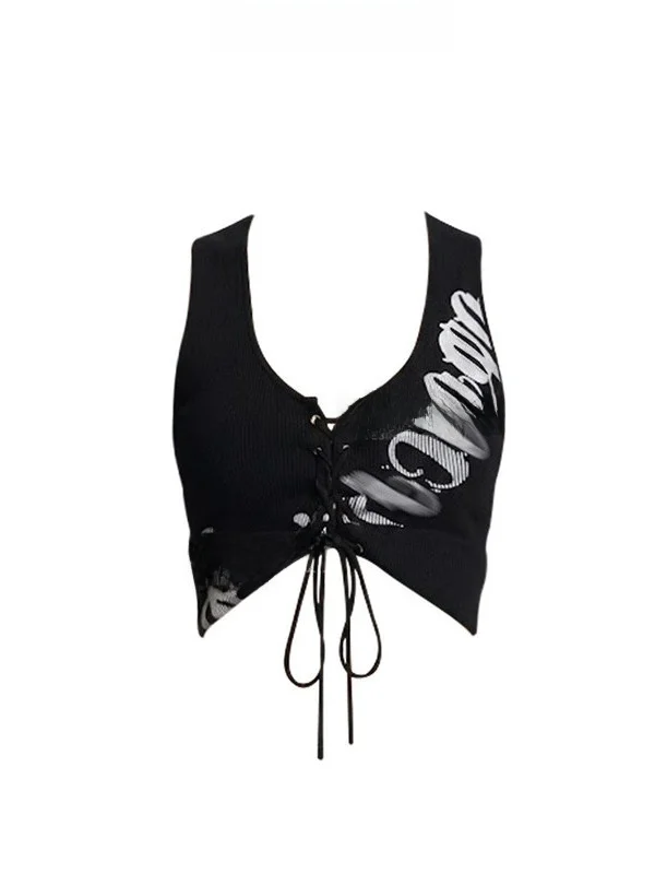 

Sexy U-Ne Letter Print Belted Vest F-Lu Spring Faion Women's Slim Fit ort Svel Top Print Design Belt Detailing
